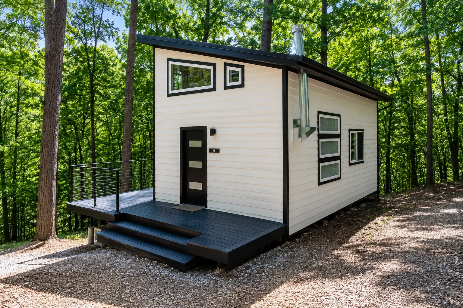 Front of the cabin with black door and deck steps in the woods