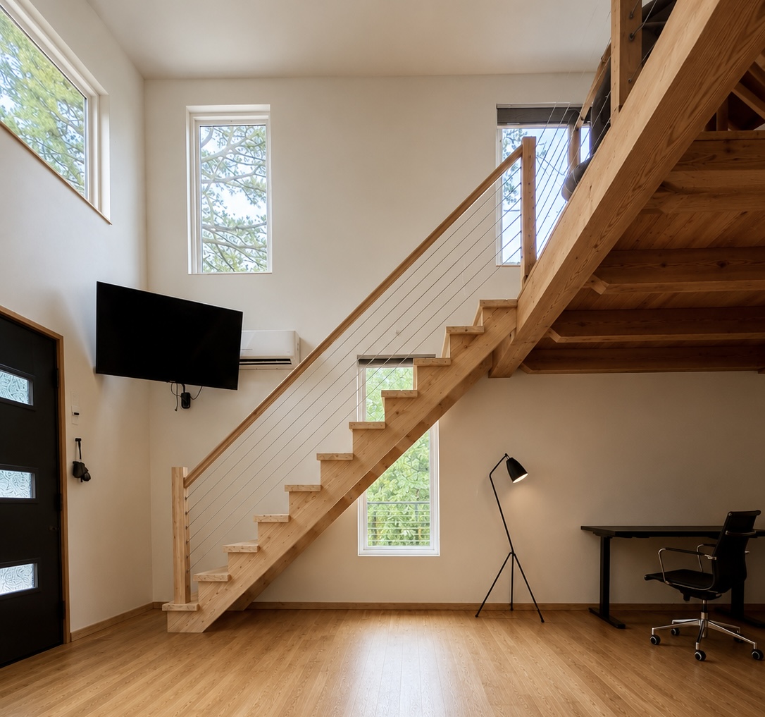 Living area with cable-railed staircase up to the loft and tall windows
