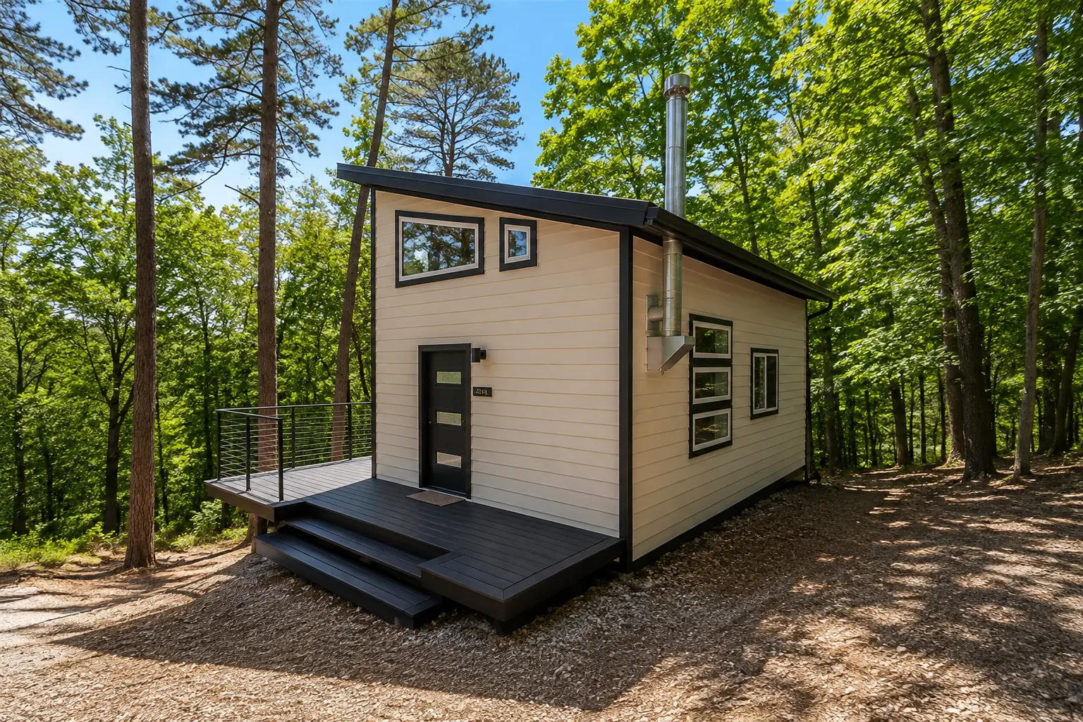 Side view of the cabin with metal chimney against blue sky